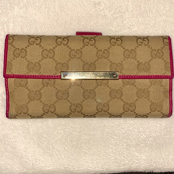 GUCCI Pink & Tan Canvas & Leather Snap Lock Wallet EUC - Picture 1 of 13